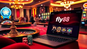Experience the thrill of gambling with fly88 at a luxurious casino setting featuring roulette and poker tables.