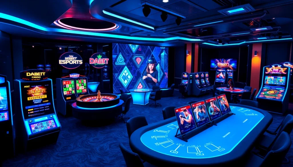 DABET trang chủ - High-tech online gambling interface with vibrant slot machines and roulette.